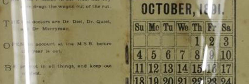 SBV 1891 Calendar Middle Pages View State Bank Archives - Ephemera Collection VPRS 8936/P1, Units 201 & 202